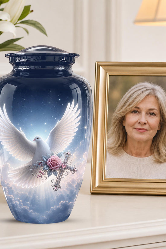 Personalized Dove Cremation Urn for Ashes, White Dove Memorial Urn, Pink Rose Religious Tribute Urn - Heavenly Peace Memorial