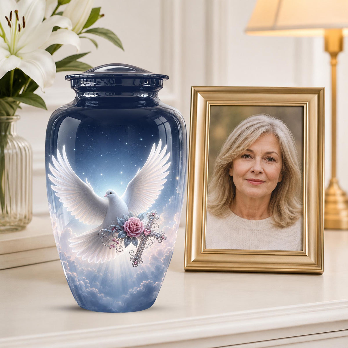 Personalized Dove Cremation Urn for Ashes, White Dove Memorial Urn, Pink Rose Religious Tribute Urn - Heavenly Peace Memorial