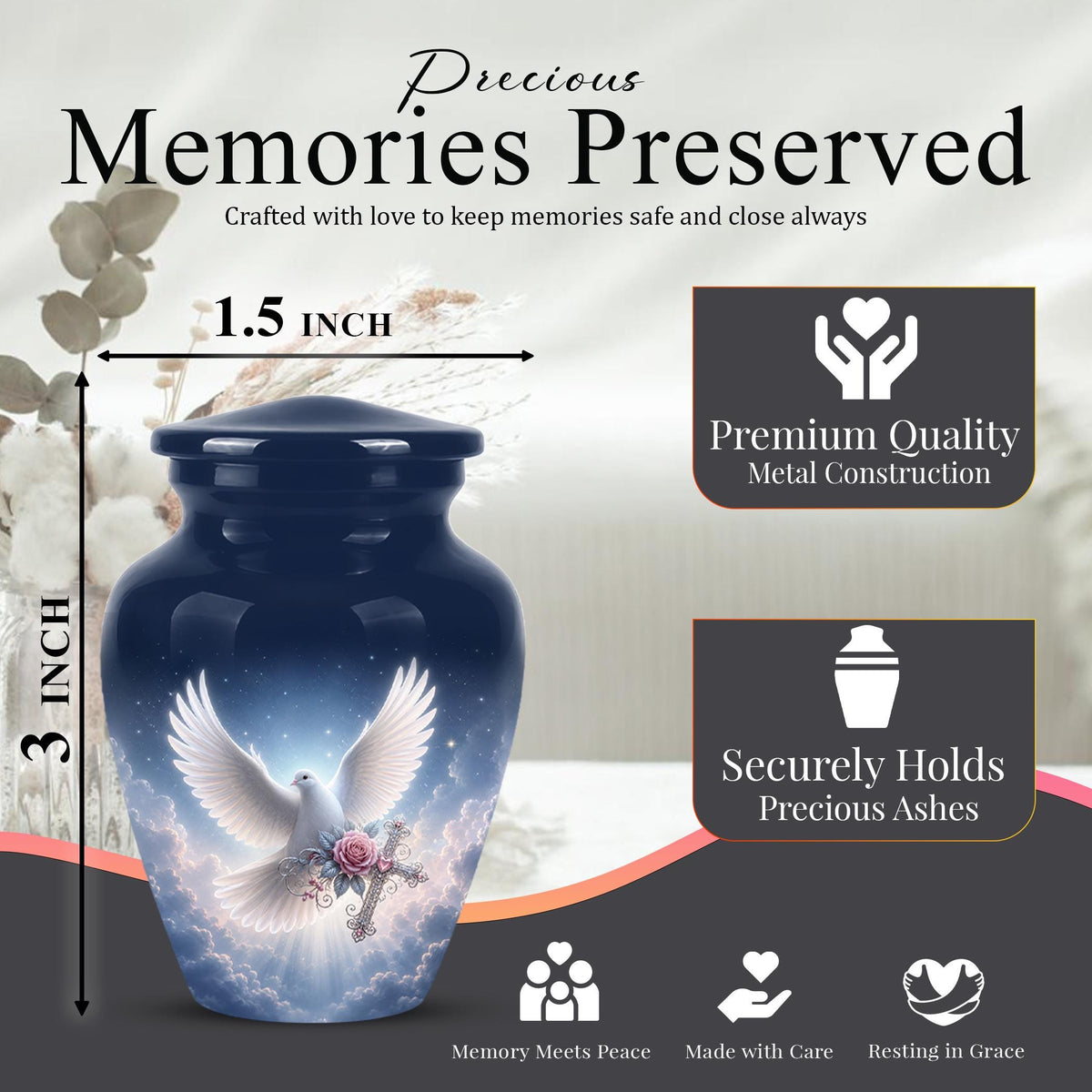 Personalized Dove Cremation Urn for Ashes, White Dove Memorial Urn, Pink Rose Religious Tribute Urn - Heavenly Peace Memorial