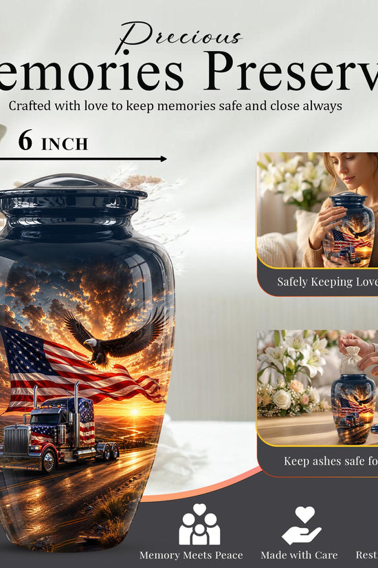 American Flag Truck Cremation Urn for Ashes - Semi Truck and Bald Eagle Memorial Urn