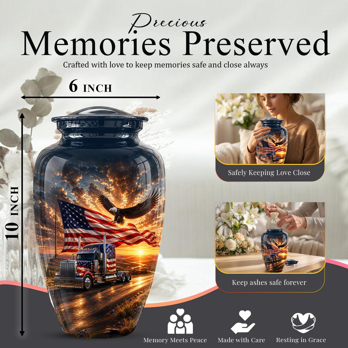 American Flag Truck Cremation Urn for Ashes - Semi Truck and Bald Eagle Memorial Urn