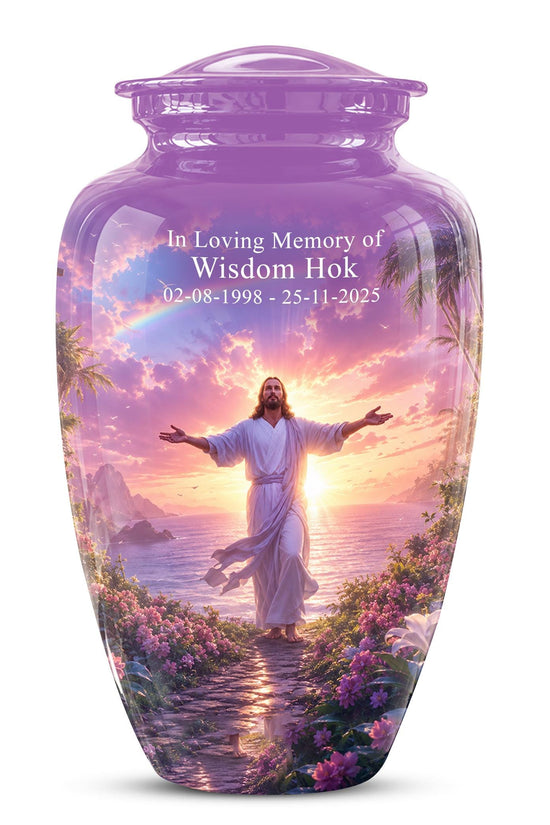 Personalized Jesus Cremation Urn for Ashes Jesus Christ - Rainbow Memorial Urn, Christian Sunset Tribute Urn