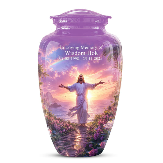 Personalized Jesus Cremation Urn for Ashes Jesus Christ - Rainbow Memorial Urn, Christian Sunset Tribute Urn