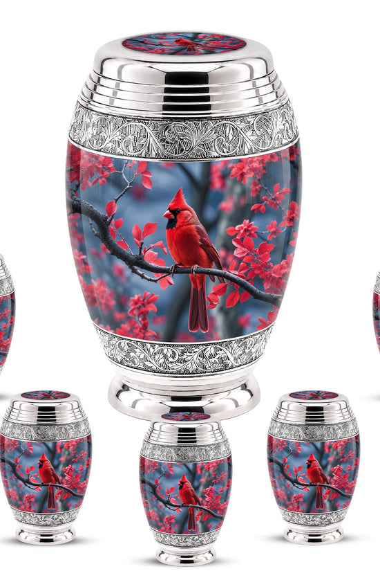 Personalized Red Cardinal Cremation Urn, Silver-Tone Memorial Ashes Container (Custom Engraving)