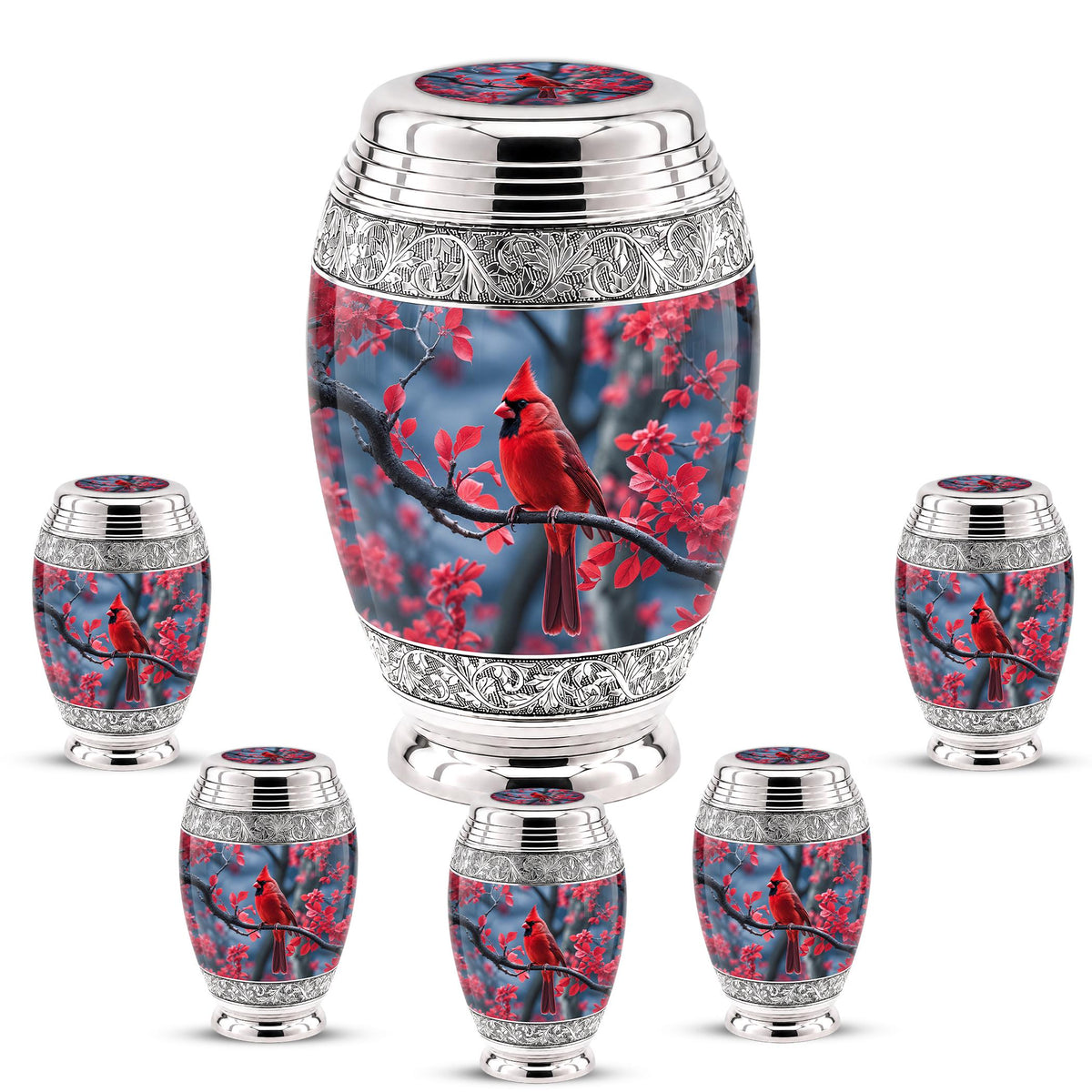 Personalized Red Cardinal Cremation Urn, Silver-Tone Memorial Ashes Container (Custom Engraving)