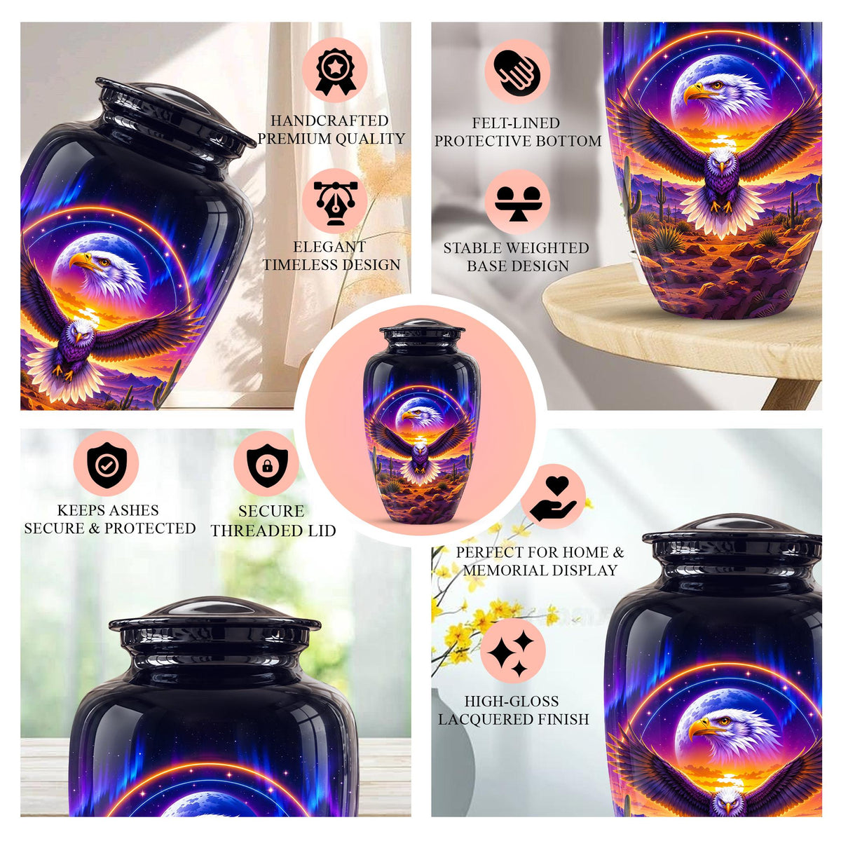 Bald Eagle Cremation Urn for Ashes - Colorful Desert Sunset Memorial Urn