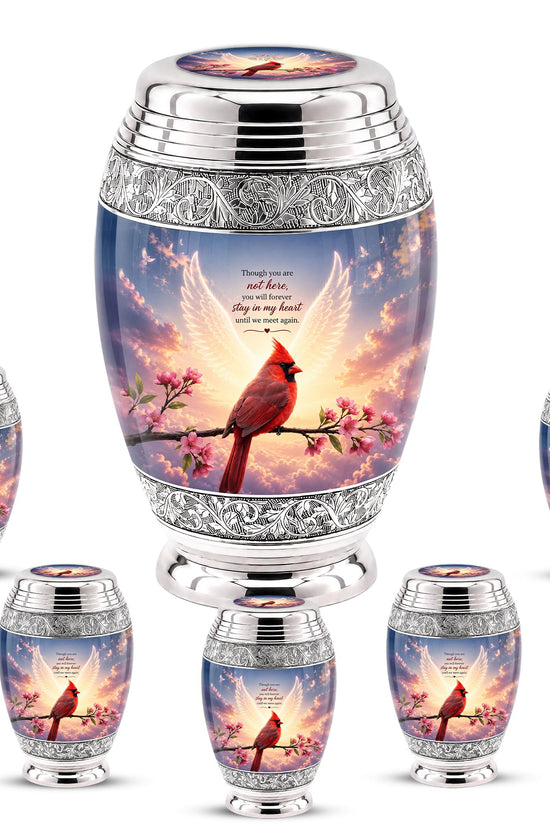 Personalized Cardinal Cremation Urn, Angel Wings - Pink Blossoms, Silver Tone (Custom Engraving)