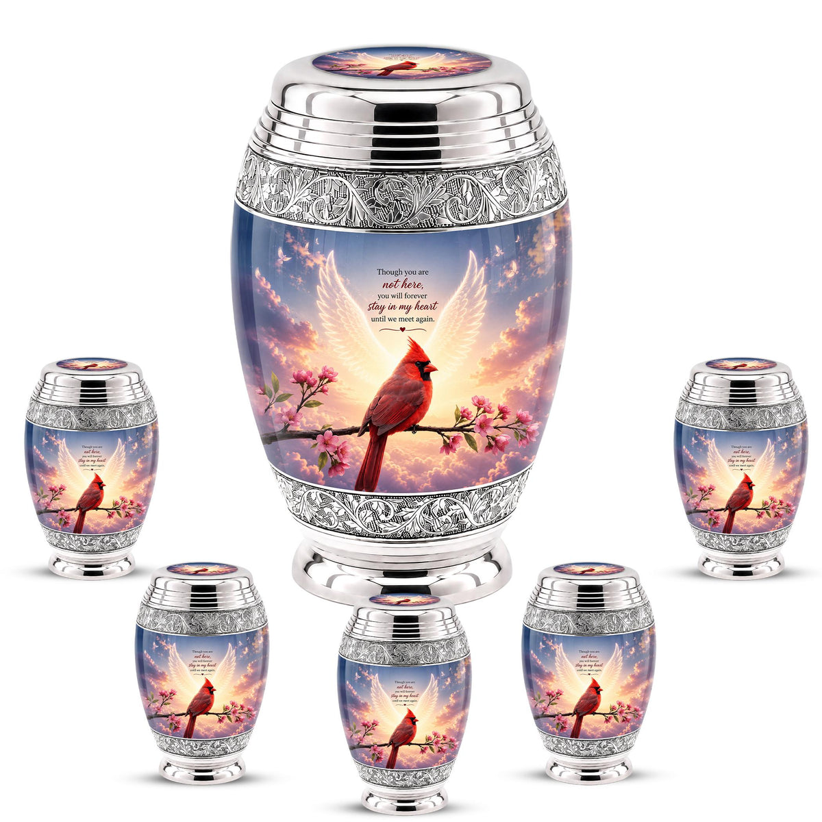 Personalized Cardinal Cremation Urn, Angel Wings - Pink Blossoms, Silver Tone (Custom Engraving)