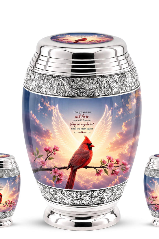 Personalized Cardinal Cremation Urn, Angel Wings - Pink Blossoms, Silver Tone (Custom Engraving)