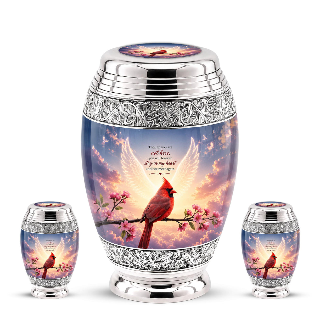 Personalized Cardinal Cremation Urn, Angel Wings - Pink Blossoms, Silver Tone (Custom Engraving)