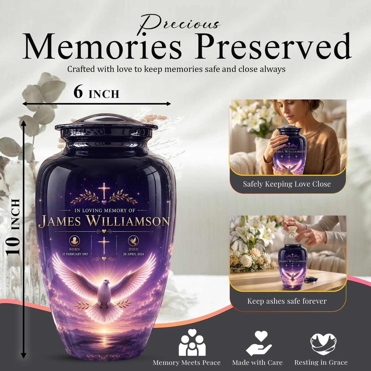 Personalized Purple Dove Cremation Urn - Peaceful Memorial Tribute (Adult)