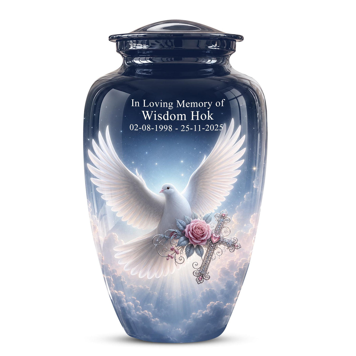 Personalized Dove Cremation Urn for Ashes, White Dove Memorial Urn, Pink Rose Religious Tribute Urn - Heavenly Peace Memorial