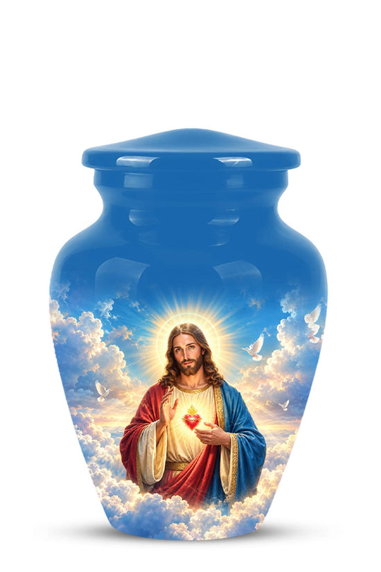 Personalized Sacred Heart of Jesus Cremation Urn for Ashes, Christian Memorial Urn - Catholic Jesus Christ Tribute Urn, Blue Religious Urn