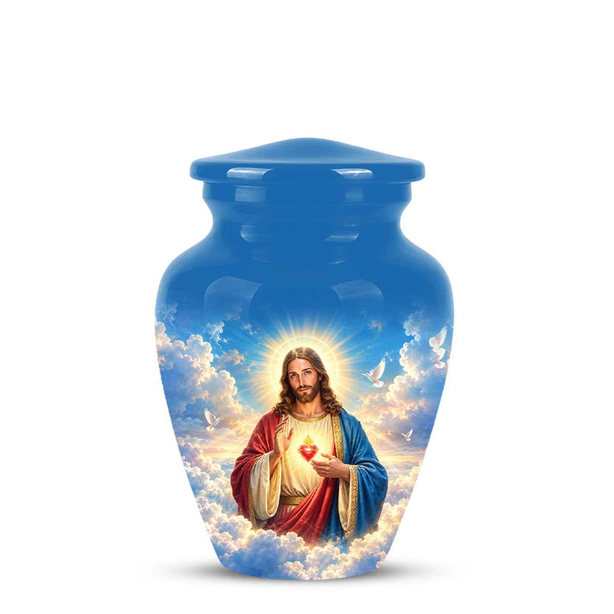 Personalized Sacred Heart of Jesus Cremation Urn for Ashes, Christian Memorial Urn - Catholic Jesus Christ Tribute Urn, Blue Religious Urn