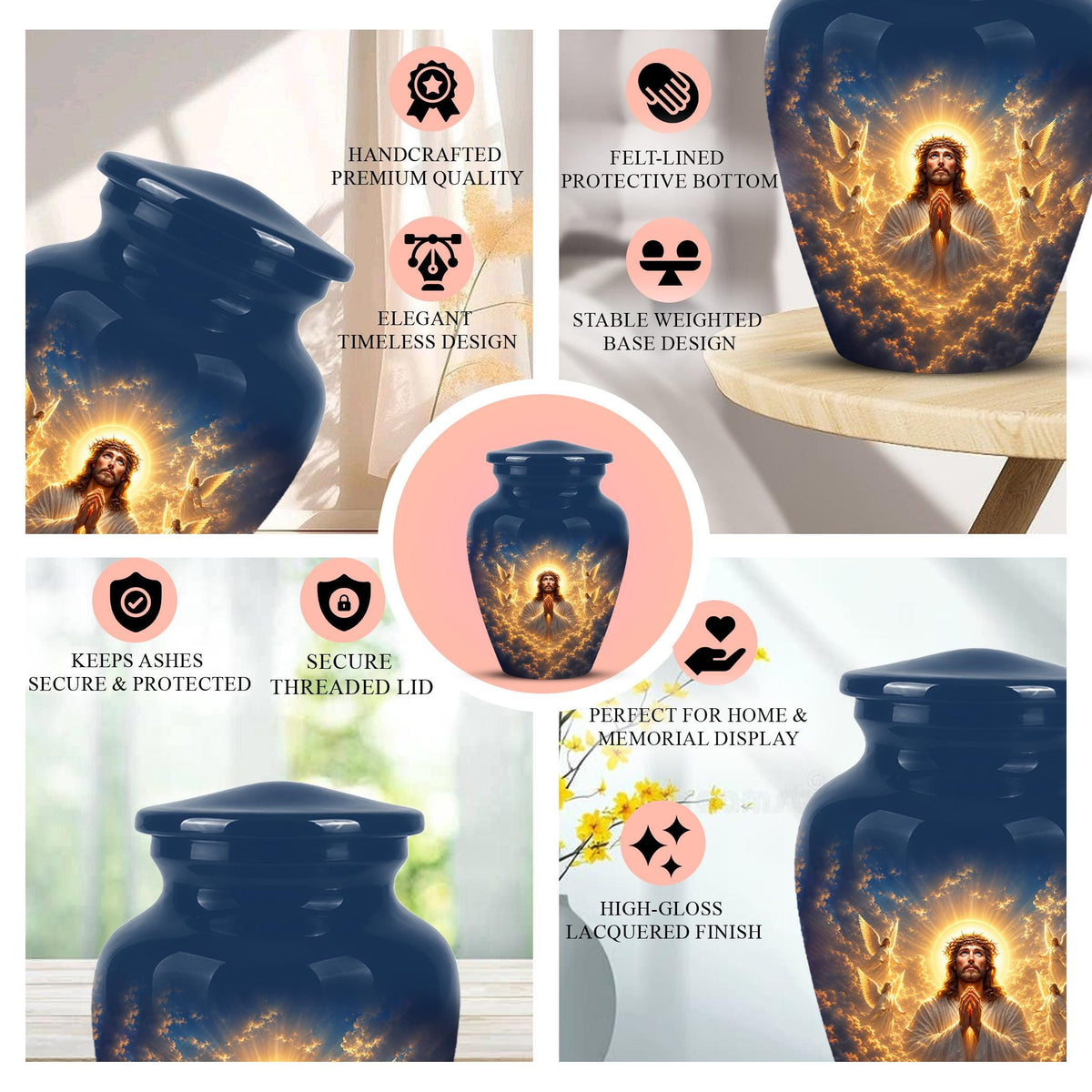 Personalized Jesus Cremation Urn for Ashes, Jesus Christ Prayer Memorial Urn, Golden Halo Christian Tribute, Heavenly Religious Urn (200 Cubic)
