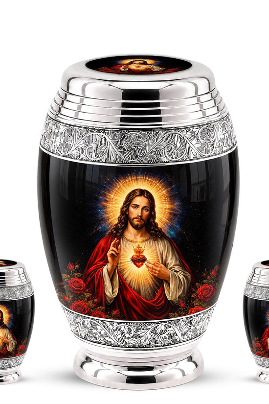 Personalized Sacred Heart of Jesus Cremation Urn - Catholic Memorial Keepsake (Black Finish)
