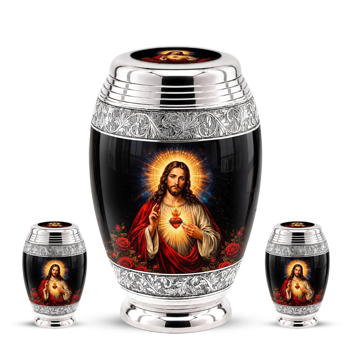 Personalized Sacred Heart of Jesus Cremation Urn - Catholic Memorial Keepsake (Black Finish)