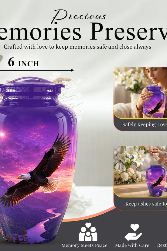 Bald Eagle Cremation Urn for Ashes - Purple Sunset Mountain Memorial Urn