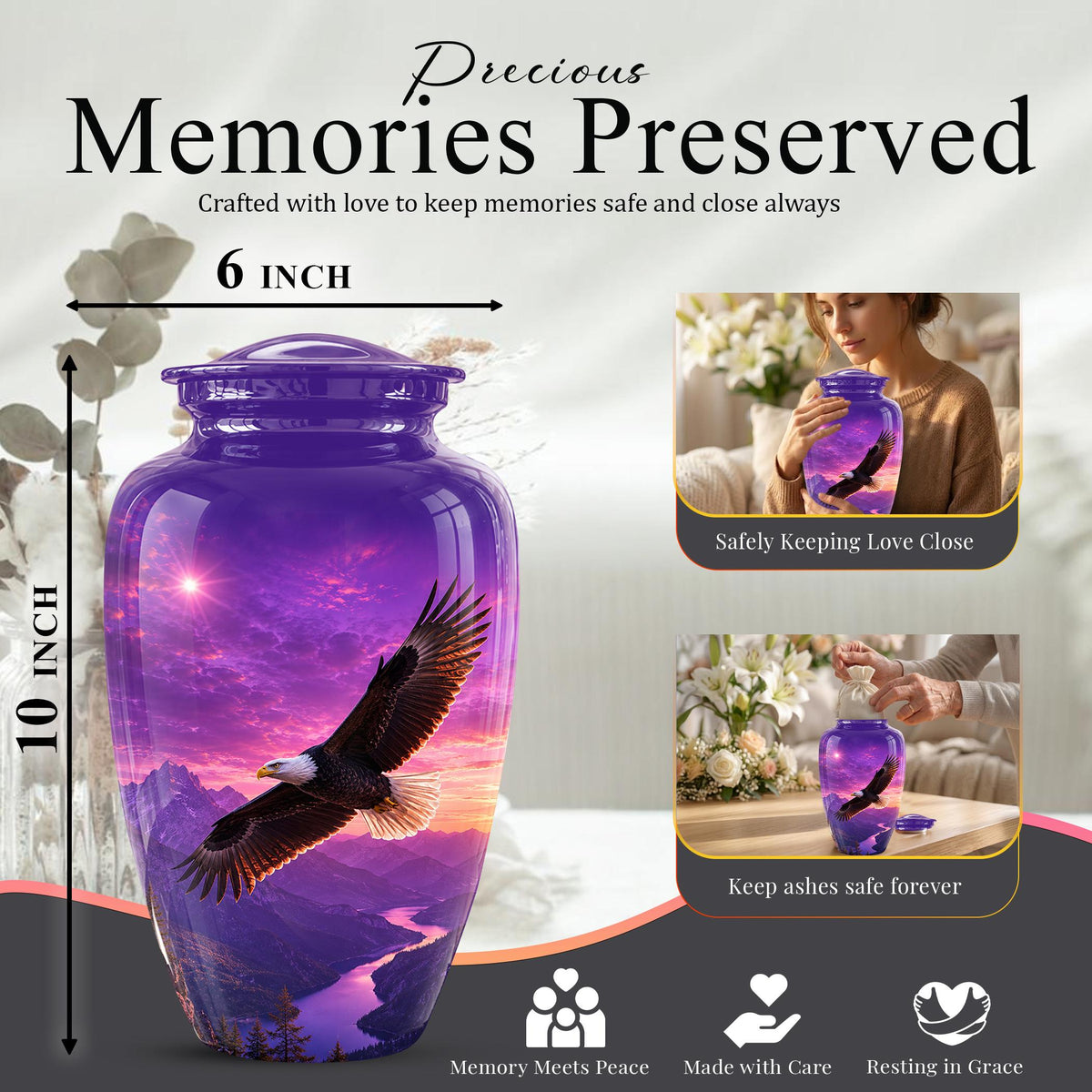 Bald Eagle Cremation Urn for Ashes - Purple Sunset Mountain Memorial Urn