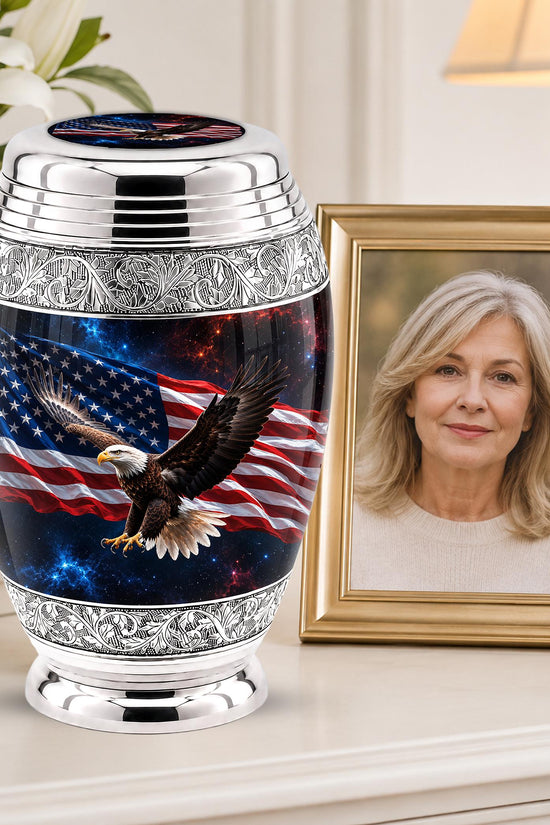 American Flag Eagle Cremation Urn for Ashes - Silver Patriotic Bald Eagle Memorial Urn