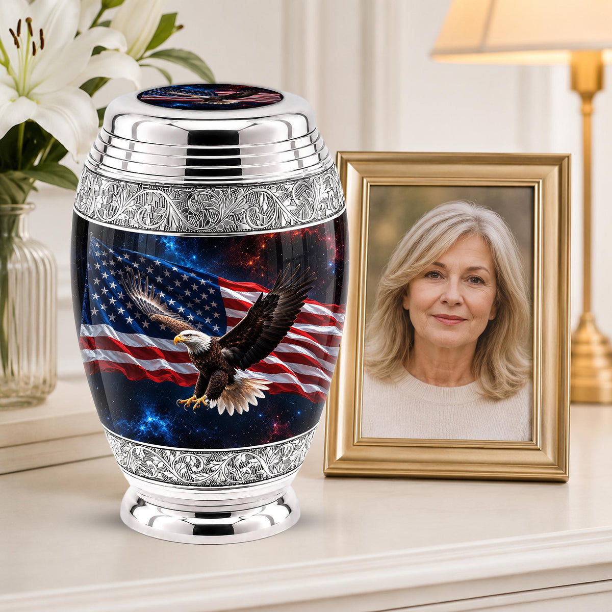 American Flag Eagle Cremation Urn for Ashes - Silver Patriotic Bald Eagle Memorial Urn