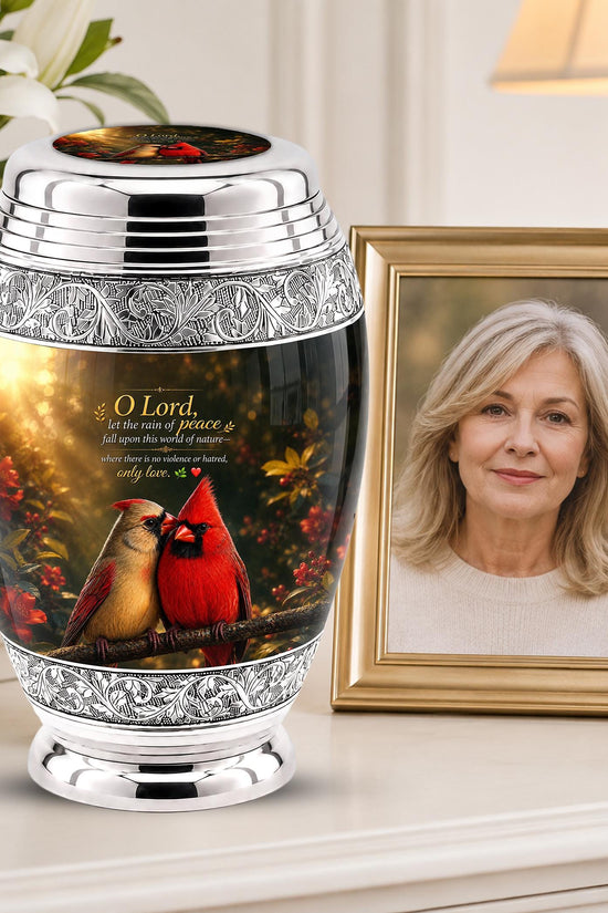 Personalized Cardinal Cremation Urn, Silver-Tone Memorial Ashes Urn, Floral Nature Scene
