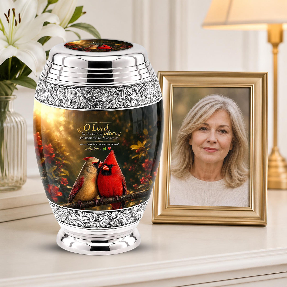 Personalized Cardinal Cremation Urn, Silver-Tone Memorial Ashes Urn, Floral Nature Scene