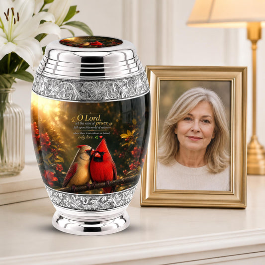 Personalized Cardinal Cremation Urn, Silver-Tone Memorial Ashes Urn, Floral Nature Scene
