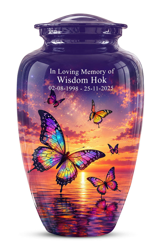 Personalized Butterfly Cremation Urn - Sunset Memorial Keepsake, Metal Ashes Urn