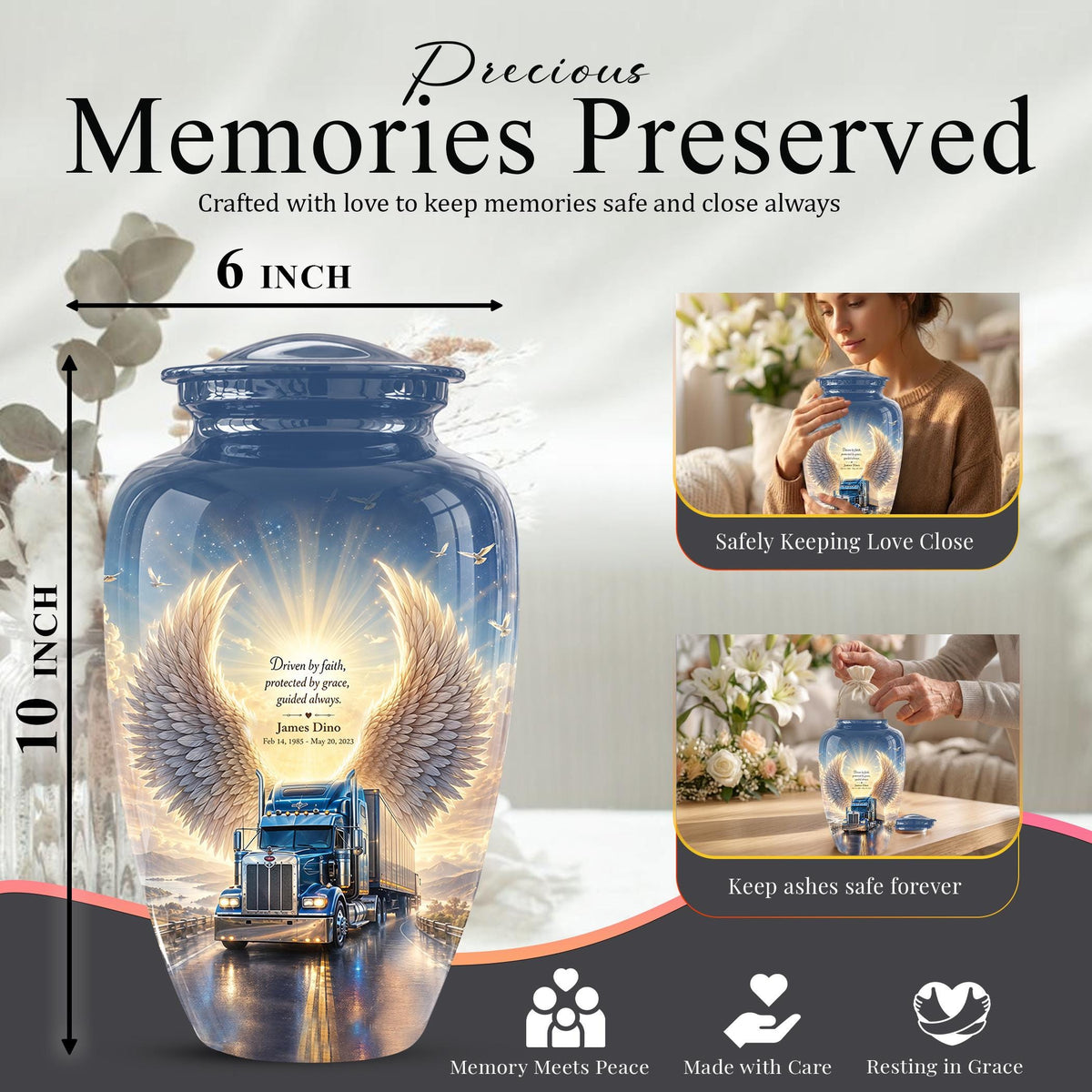 Personalized Truck Cremation Urn - Angel Wings Memorial Keepsake