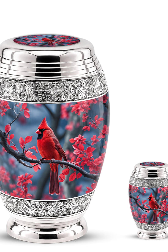 Personalized Red Cardinal Cremation Urn, Silver-Tone Memorial Ashes Container (Custom Engraving)