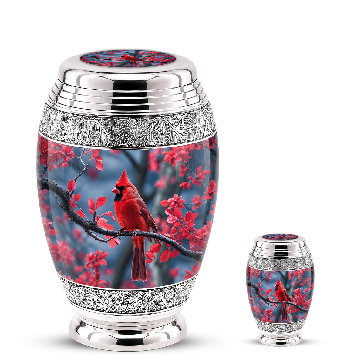 Personalized Red Cardinal Cremation Urn, Silver-Tone Memorial Ashes Container (Custom Engraving)