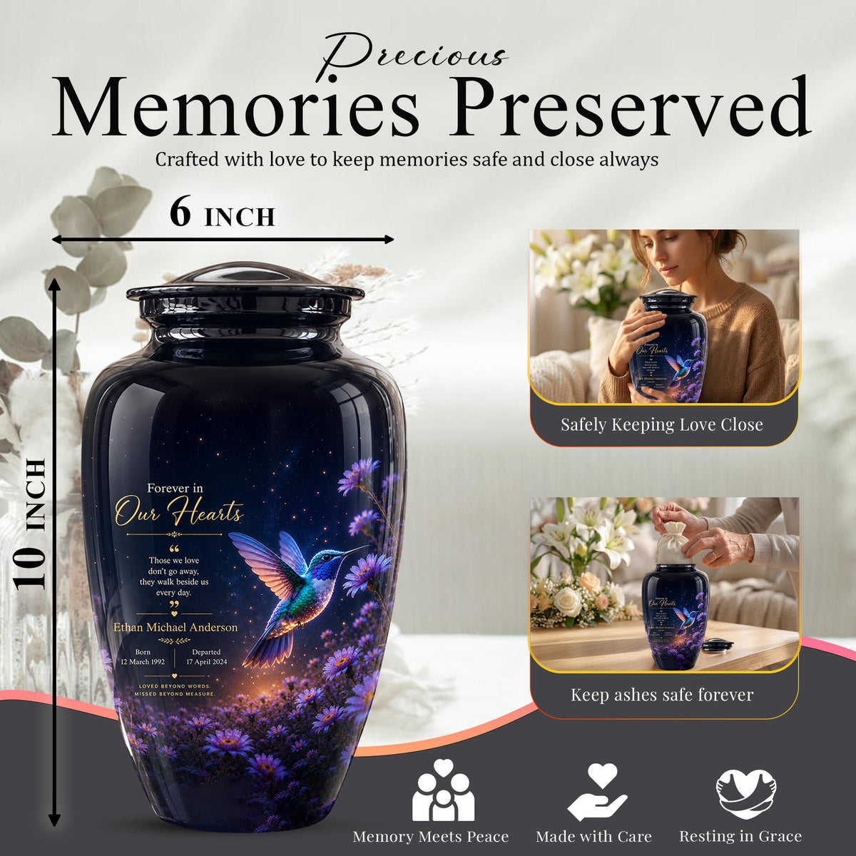 Personalized Hummingbird Cremation Urn - Floral Garden Memorial Keepsake (200 Cubic)