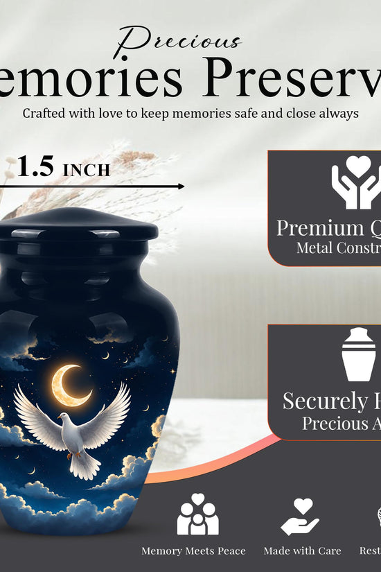 Personalized White Dove Cremation Urn for Ashes - Crescent Moon Memorial Urn, Heavenly Dove