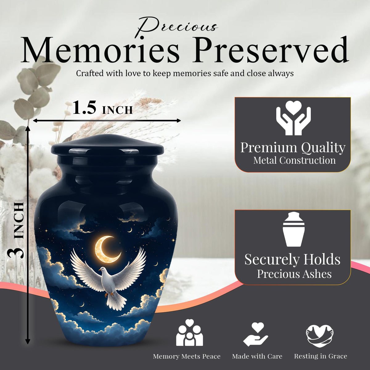 Personalized White Dove Cremation Urn for Ashes - Crescent Moon Memorial Urn, Heavenly Dove