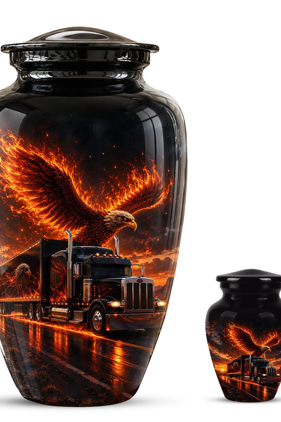 Eagle and Semi Truck Cremation Urn for Ashes - Fiery Bald Eagle Memorial Urn
