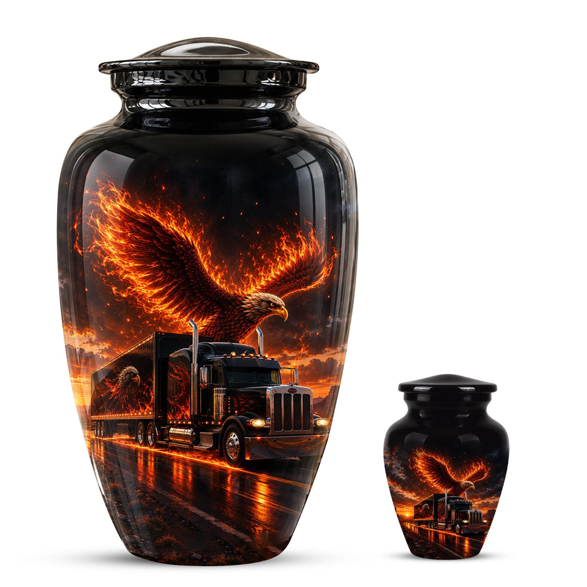 Eagle and Semi Truck Cremation Urn for Ashes - Fiery Bald Eagle Memorial Urn