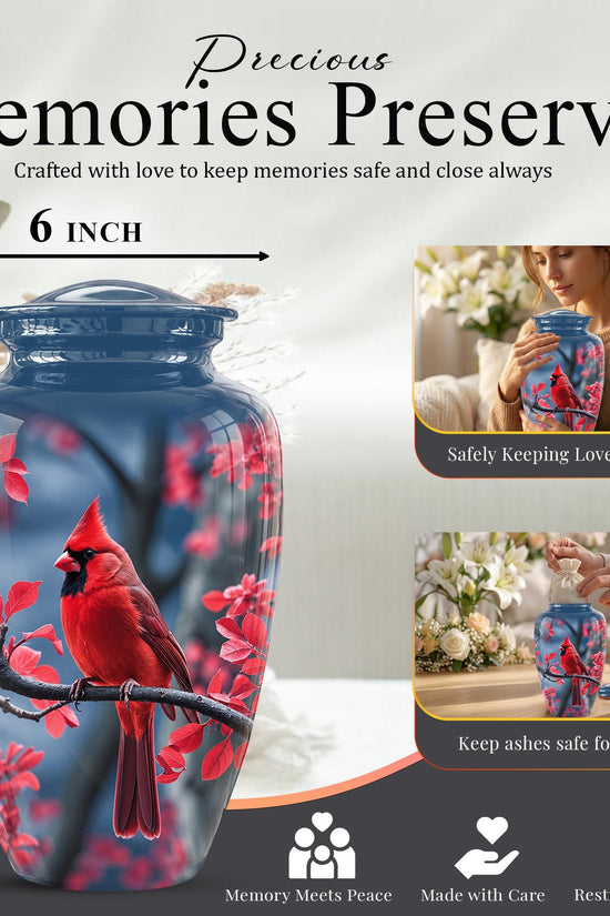 Red Cardinal Cremation Urn, Adult Memorial Keepsake, Vibrant Bird Artwork