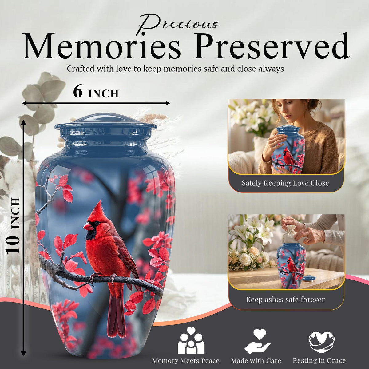 Red Cardinal Cremation Urn, Adult Memorial Keepsake, Vibrant Bird Artwork