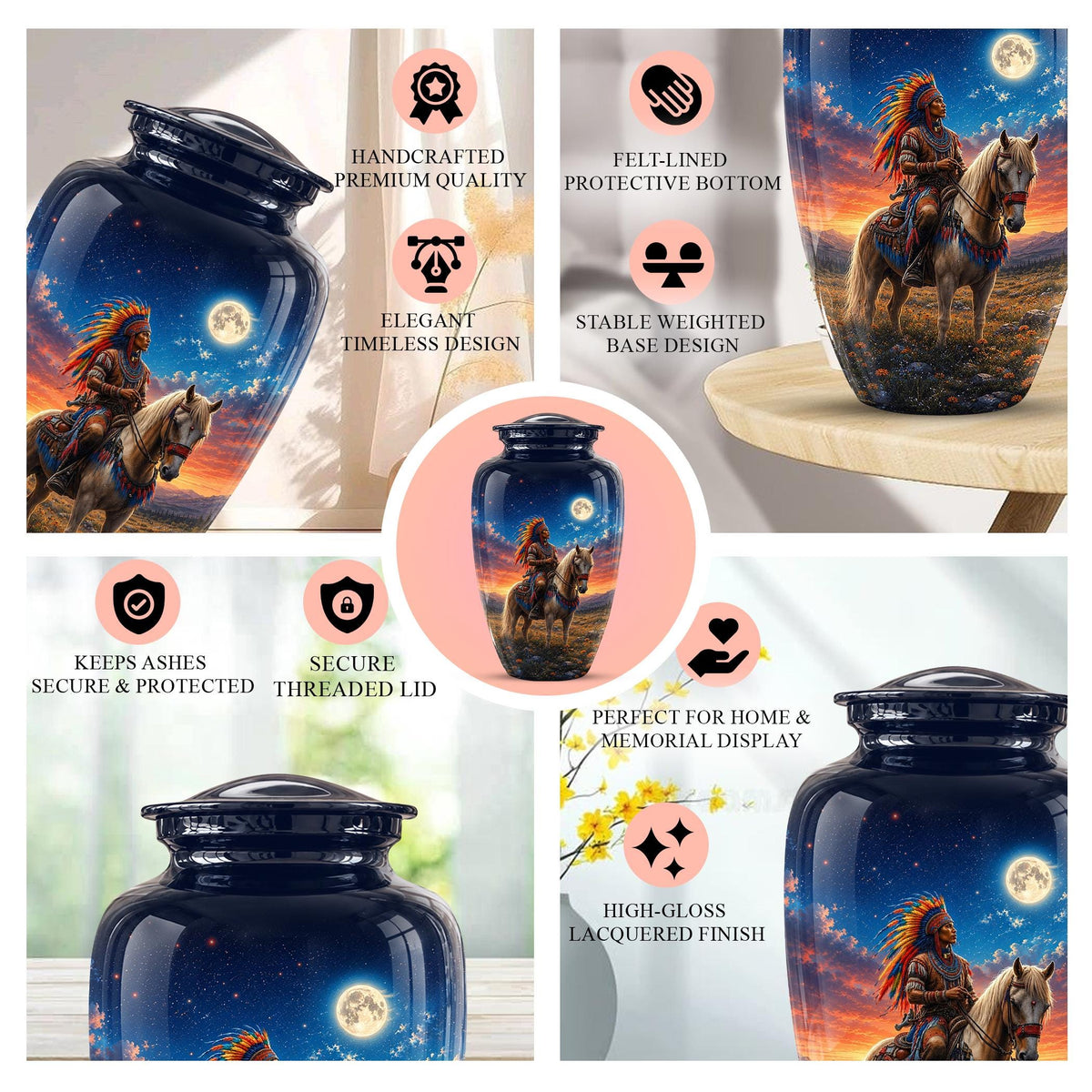 Native American Cremation Urn for Ashes - Western Cowboy Memorial Urn, Horse & Rider Funeral Urn