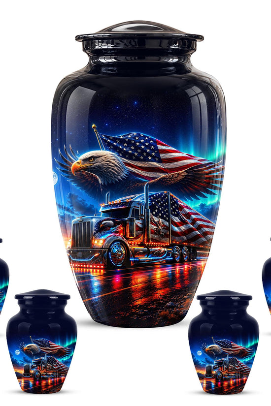 American Flag Truck Cremation Urn for Ashes - Bald Eagle and Semi Truck Memorial Urn