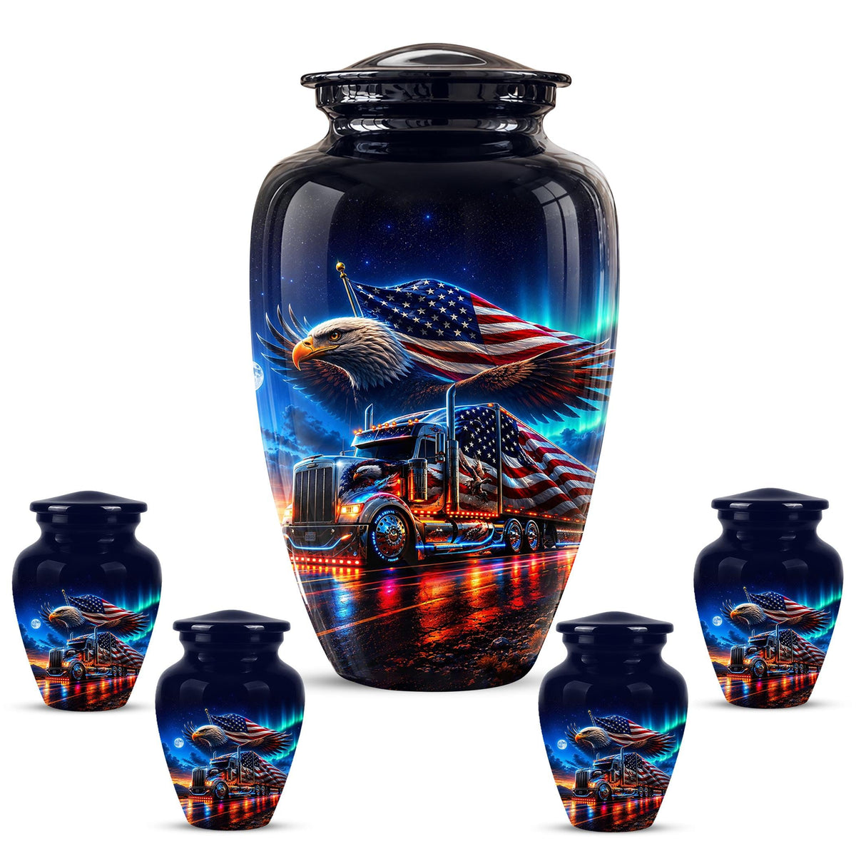 American Flag Truck Cremation Urn for Ashes - Bald Eagle and Semi Truck Memorial Urn