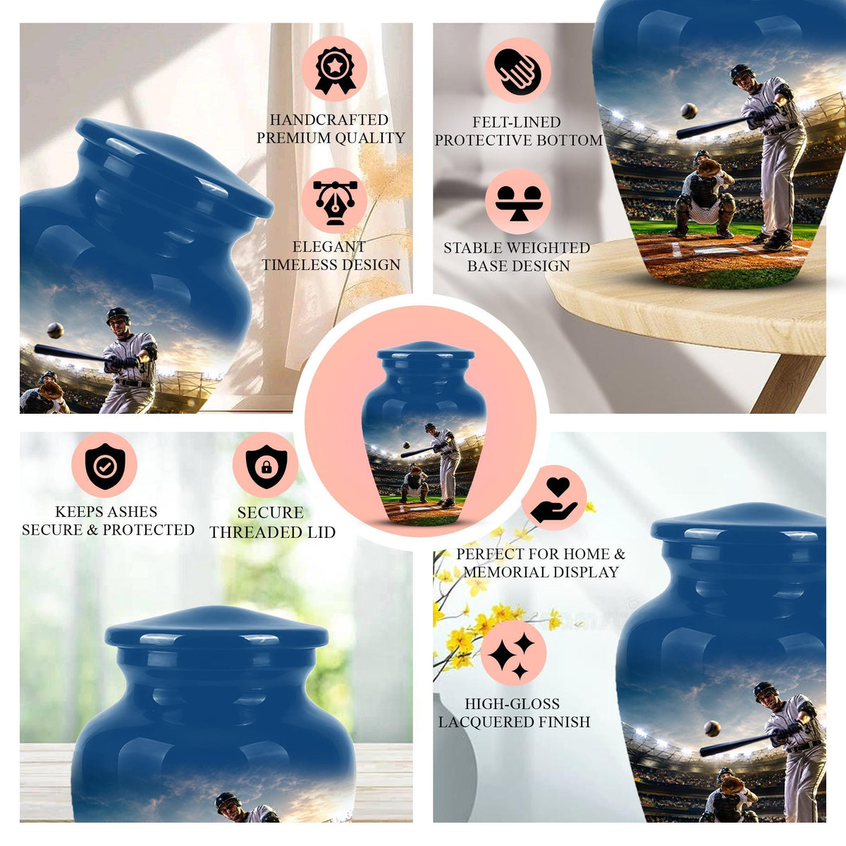 Baseball Cremation Urn for Ashes - Baseball Batter and Catcher Memorial Urn
