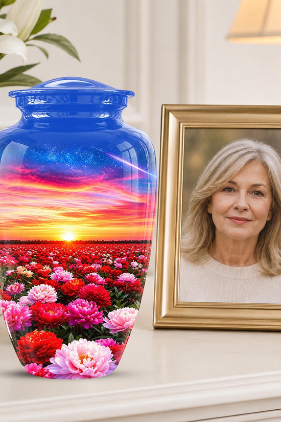 Personalized Floral Sunset Cremation Urn, Metal Memorial Keepsake