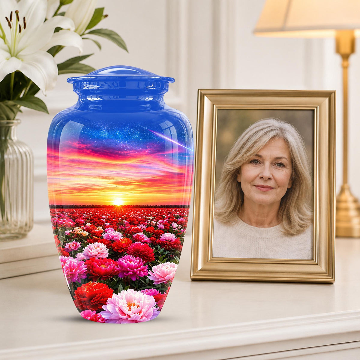 Personalized Floral Sunset Cremation Urn, Metal Memorial Keepsake