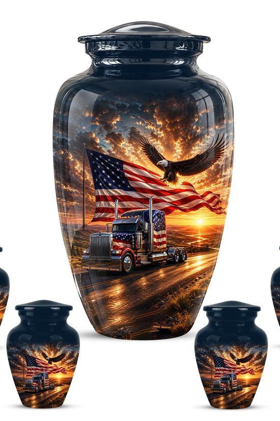 American Flag Truck Cremation Urn for Ashes - Semi Truck and Bald Eagle Memorial Urn