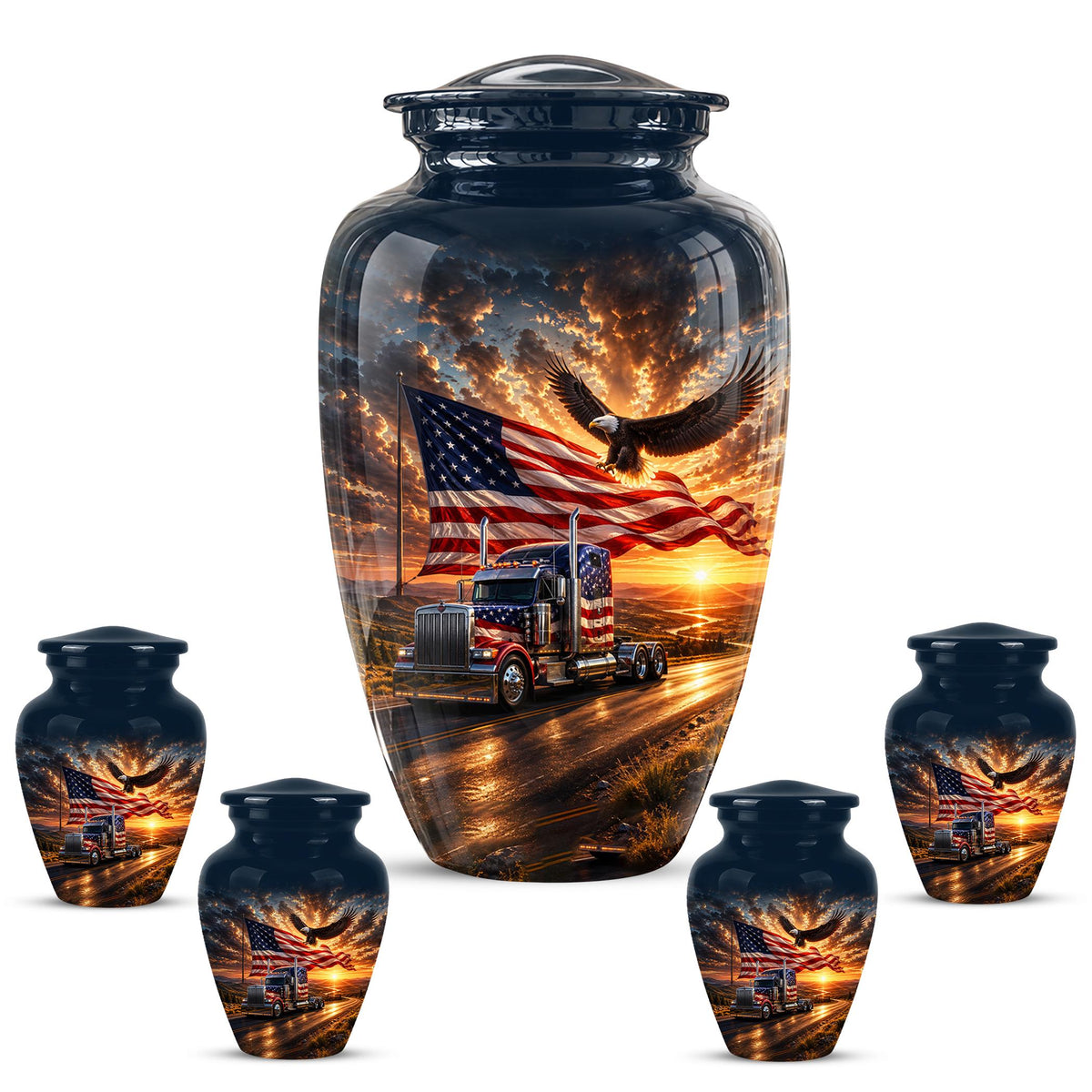 American Flag Truck Cremation Urn for Ashes - Semi Truck and Bald Eagle Memorial Urn