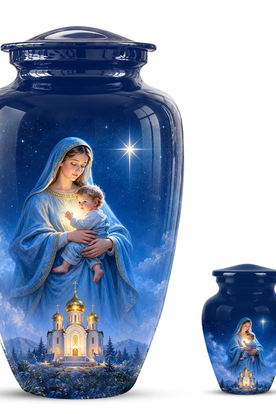 Personalized Mother Mary Cremation Urn, Catholic Memorial Keepsake (Custom Photo)