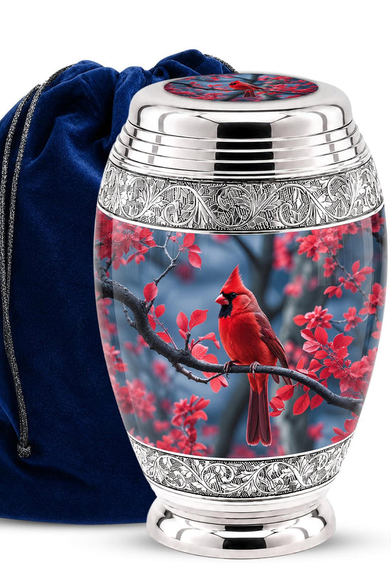 Personalized Red Cardinal Cremation Urn, Silver-Tone Memorial Ashes Container (Custom Engraving)