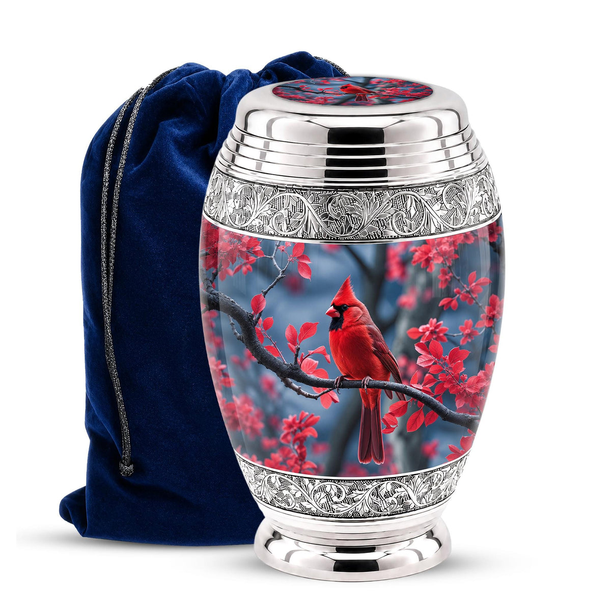 Personalized Red Cardinal Cremation Urn, Silver-Tone Memorial Ashes Container (Custom Engraving)